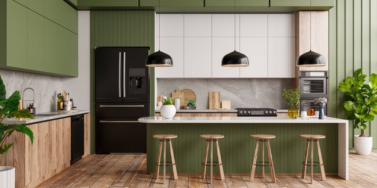 Modern kitchen with green cabinets and island